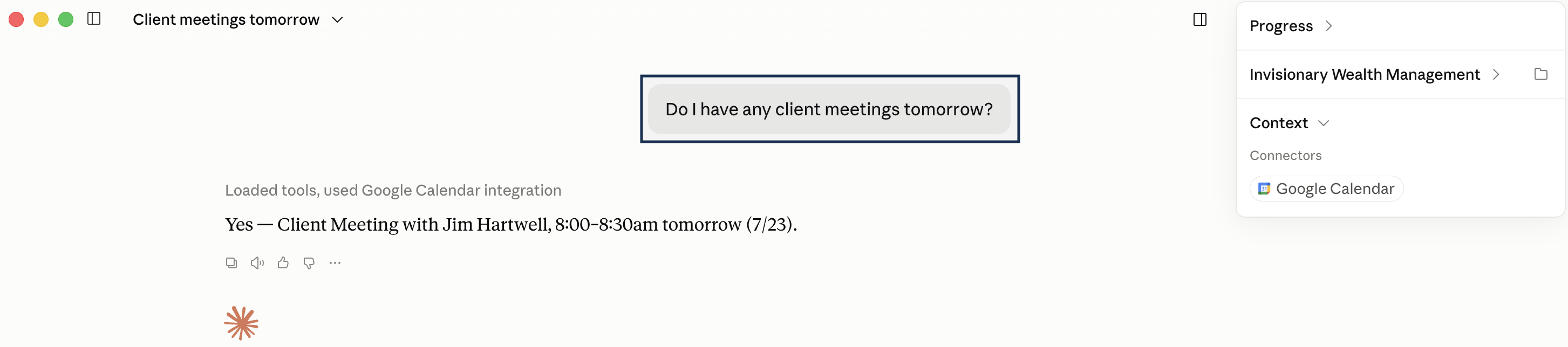 An AI assistant answers the question "Do I have any client meetings tomorrow?" using a Google Calendar connector, replying that there is a client meeting with Jim Hartwell from 8:00 to 8:30am tomorrow.