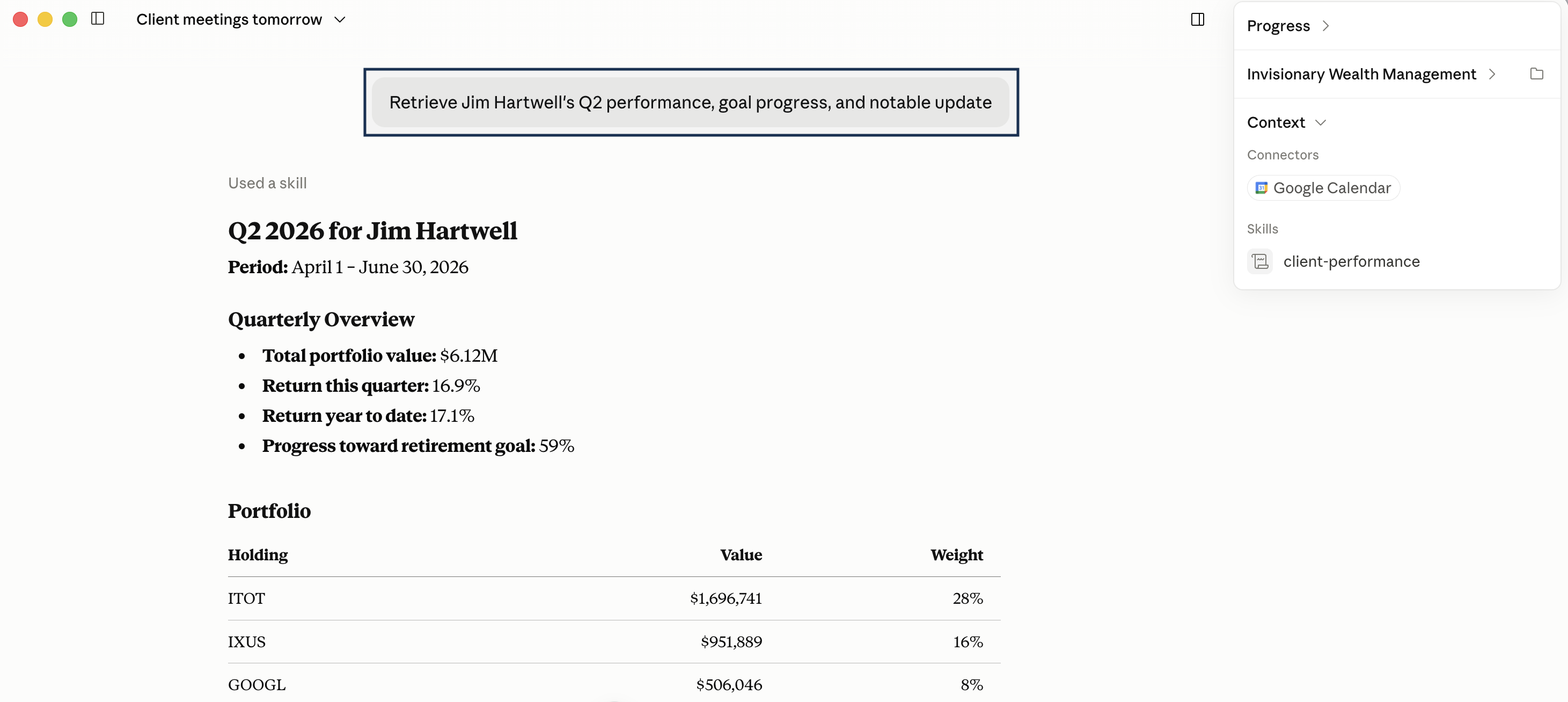 The AI assistant retrieves Jim Hartwell's Q2 2026 performance, showing a total portfolio value of $6.12M, a 16.9% quarterly return, 17.1% year to date, and 59% progress toward the retirement goal, along with a portfolio holdings table.