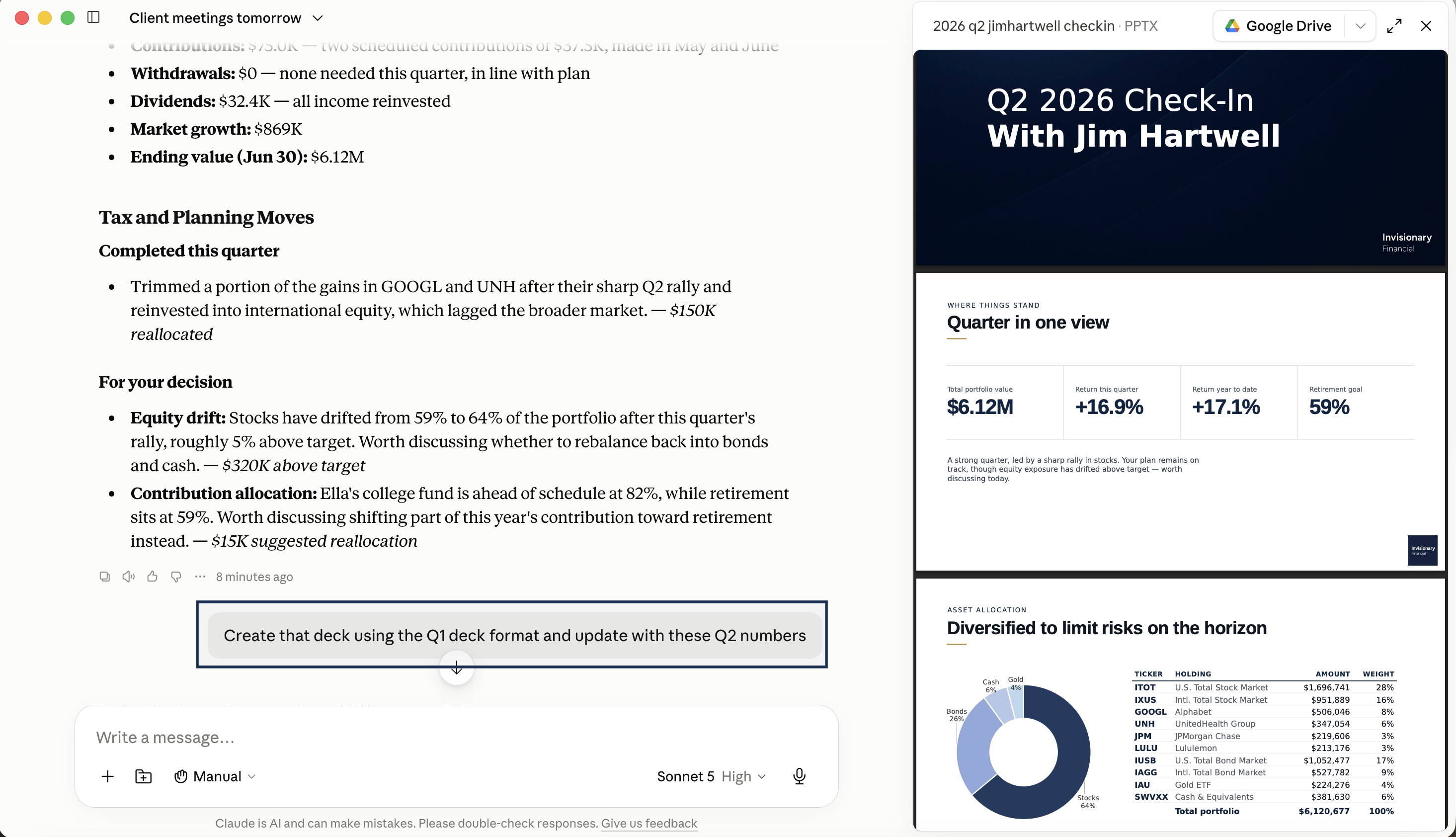 An AI-generated Q2 2026 check-in slide deck for Jim Hartwell shown next to the chat, with a title slide and a quarter-in-one-view summary of portfolio value, returns, and asset allocation.