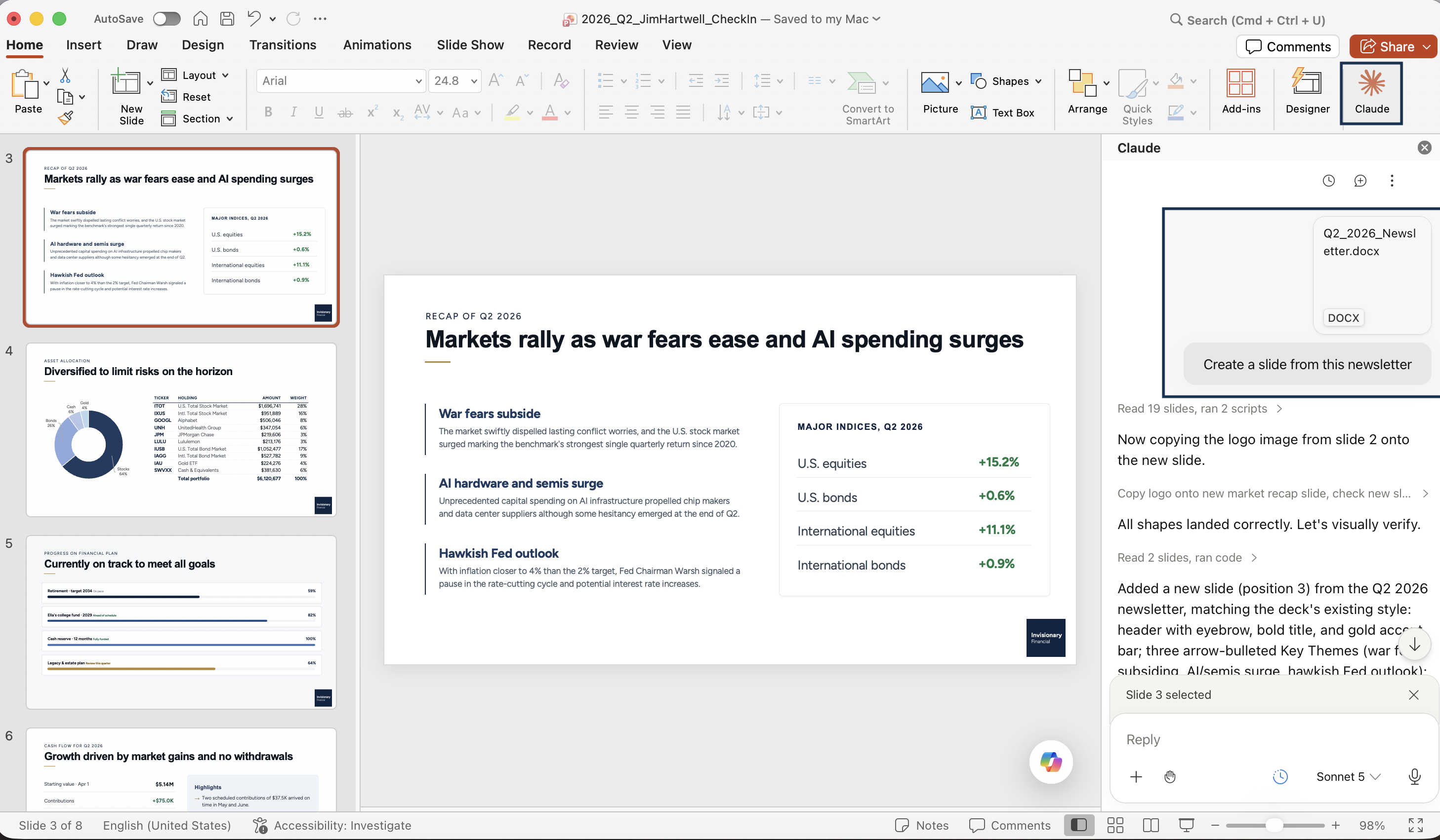 PowerPoint open with the Claude add-in, creating a market-recap slide from the quarterly newsletter that summarizes Q2 market themes such as easing war fears and surging AI spending.
